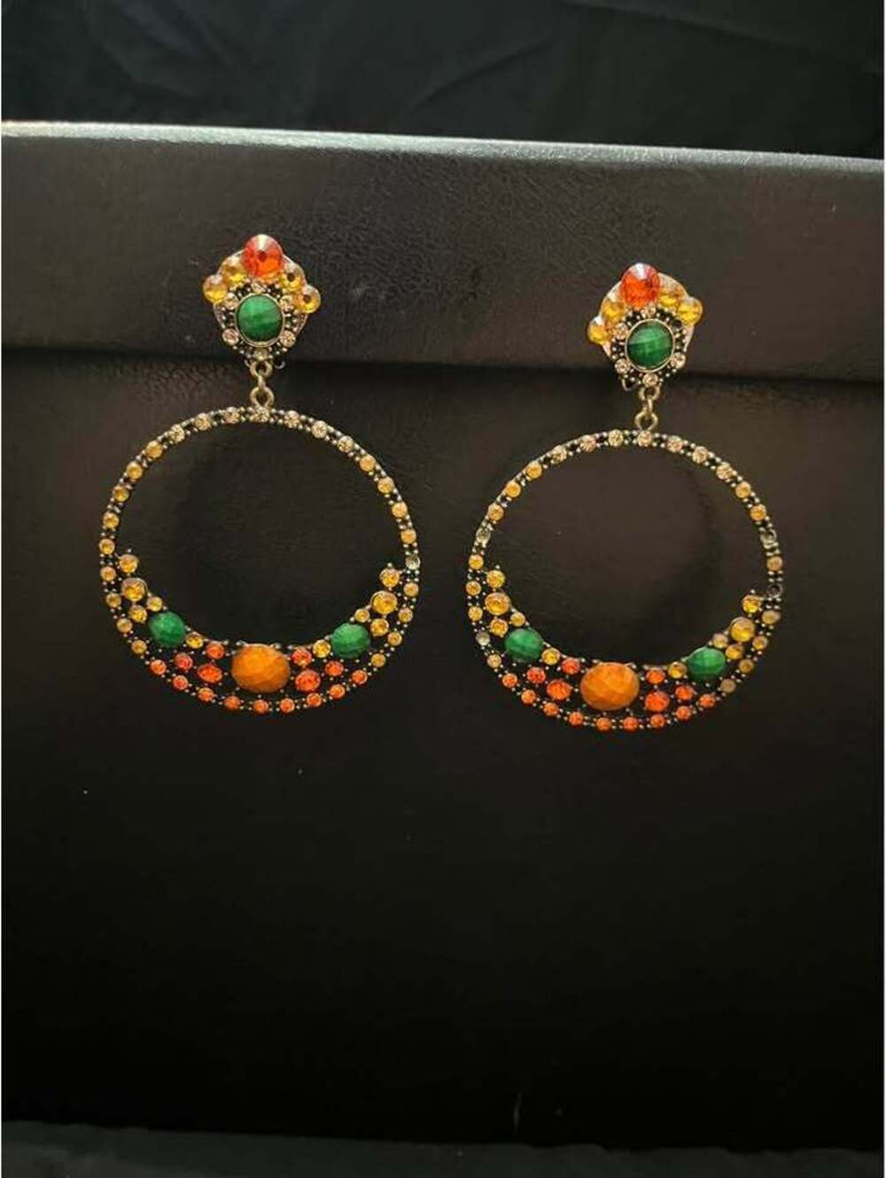 Bohemian Orange and Green Crystal Clip On Hoop Earrings - Picture 2 of 3